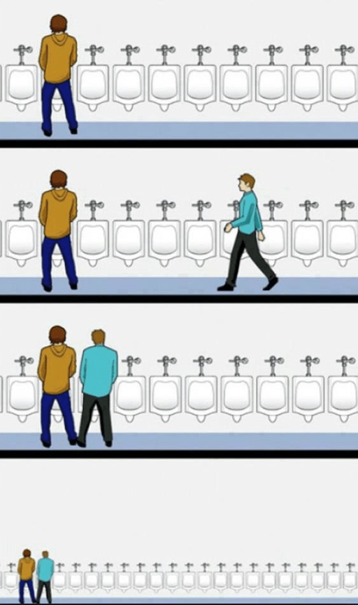 A depiction of the #1 urinal etiquette rule broken