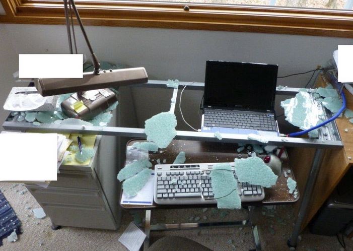 One of hundreds of broken desks in Bendovus Headquarters